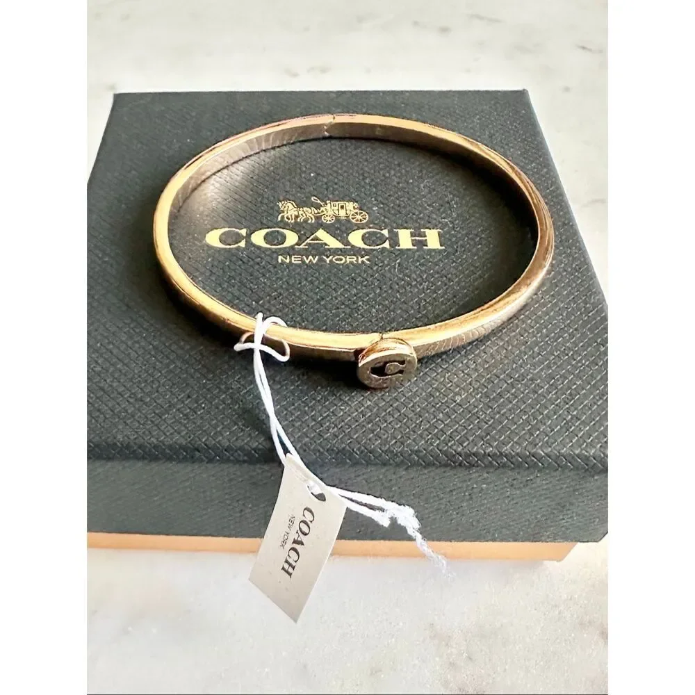 Coach Signature Hinged Bangle Bracelet Gold Black C Logo NWT - Picture 2 of 8